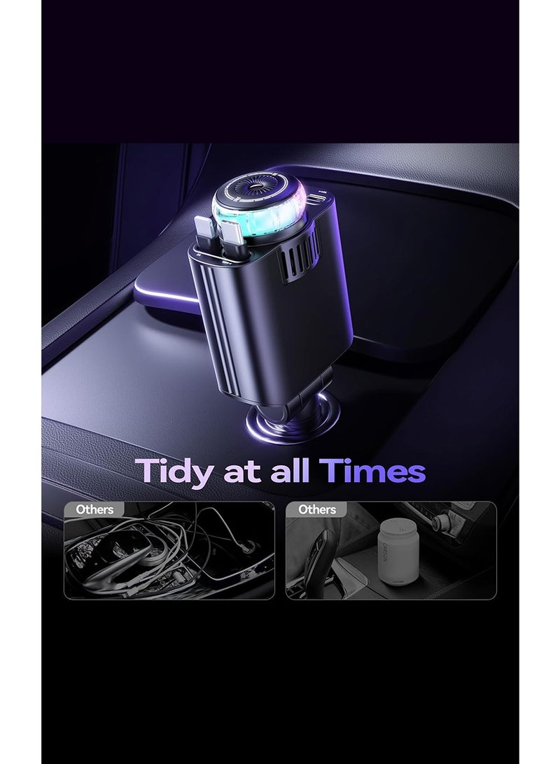 مستر سمارت شاحن سيارة 5 في 1 مع كابل قابل للسحب، شحن سريع مزدوج، موزع روائح عطرية، إضاءة LED ملونة، متوافق مع USB-C - Image 3